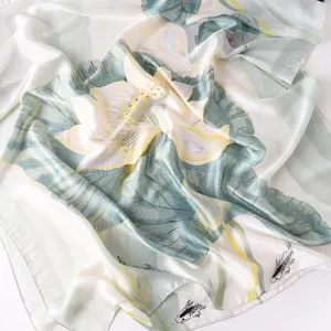 Elegant women imitation silk scarf featuring beautiful lotus and fish print, perfect daily wear.