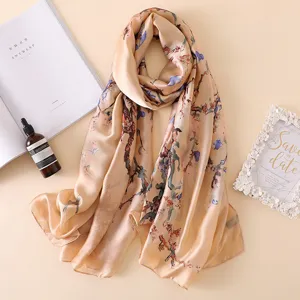 Elegant oil painting floral imitation silk scarf for women, fashionable shawl and sun protection.
