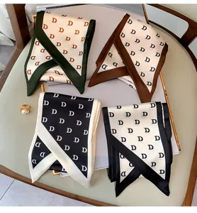 Women fashion silk narrow scarf letter print elegant long hair band chic neckerchief.