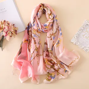 Pink silk scarf oil painting floral print women elegant fashion long shawl travel wrap