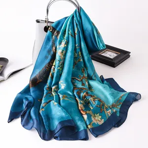 Blue oil painting floral print silk scarf women elegant long sun protection shawl fashion wrap