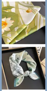 Piccolo fazzoletto di seta da donna, elegante foulard con stampa di loto verde per la primavera.