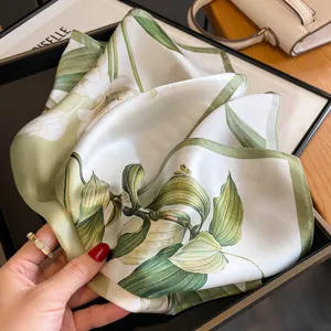 Elegant green botanical print silk small square scarf for women, premium mulberry silk accessory.