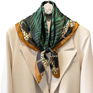 Elegant green zebra print silk square scarf with chain border and chic neck decoration.