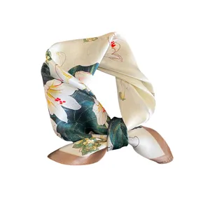 Elegante foulard in pura seta con stampa di gigli e bordo marrone per donne.