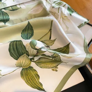Green silk square scarf for women, elegant botanical print mulberry silk neckerchief.