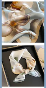 Elegant silk floral small square scarf for women, premium spring fashion neckwear accessory.