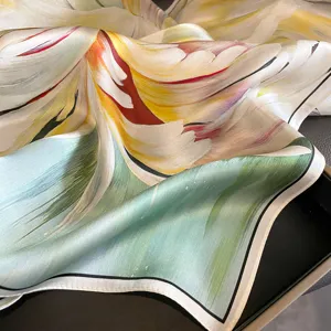 Luxury mulberry silk printed small square scarf, elegant floral design for women spring wear.