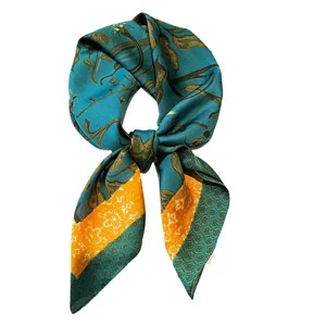 Women vintage printed silk square scarf, elegant floral neckerchief for spring and autumn wear.