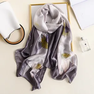 Elegante bufanda efecto seda estampado pintura al aceite mujer moda chal medio largo accesorio