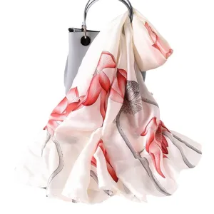 Mujer pañuelo tacto seda elegante estampado loto rojo largo chal moda protección solar