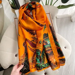 Women Vintage Baroque Print Satin Scarf Luxury Sunscreen Beach Shawl Fashion Silk Feel Long Scarf For Daily Wear