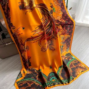 Luxurious retro orange imitation silk scarf with ornate phoenix and baroque print for women.