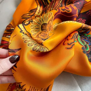 Luxury vintage orange silk scarf women elegant baroque floral print summer sun shawl wrap