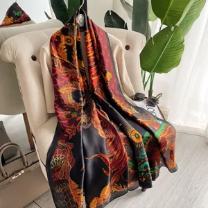Vintage luxury style printed silk scarf for women, elegant fashion shawl and beach wrap.