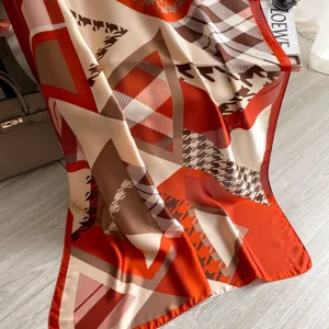 Women long imitation silk scarf geometric houndstooth patchwork red brown fashion shawl wrap