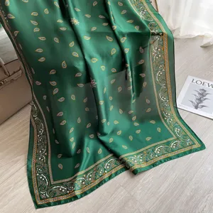 Green paisley print silk scarf, lightweight sheer beach wrap, elegant summer sun protection shawl.