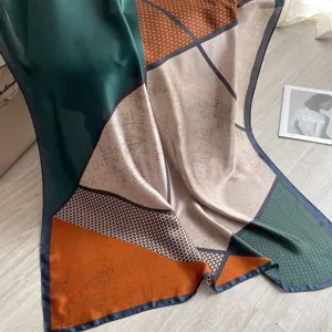 Geometric color-blocking thin silk scarf for summer sunscreen shawl women fashion beach towel