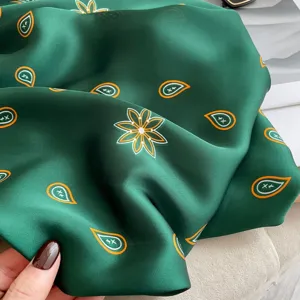 Green silk feel paisley flower scarf detail, elegant summer thin beach shawl neckerchief.