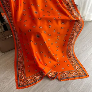 Orange paisley print silk scarf summer beach shawl large vintage lightweight neck wrap