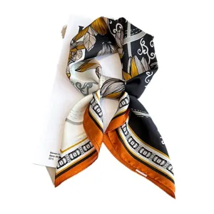 Vintage printed silk scarf for women, elegant square neckerchief, stylish fashion hair band.