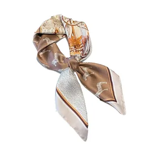 Retro silk square scarf with elegant zebra and carriage print, perfect as neckerchief or hair band.