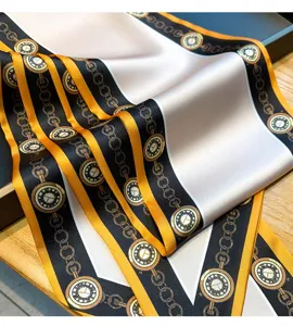 Chic narrow silk scarf with retro chain and clock pattern, elegant neckerchief for women.