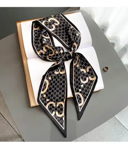 Elegant black and beige monogram silk scarf ribbon, chic neckerchief for women and girls.