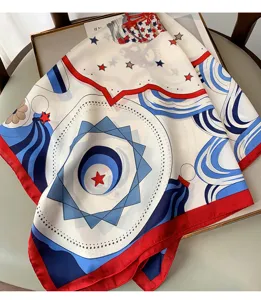 Chic printed square scarf featuring elegant red border and geometric star carriage patterns.