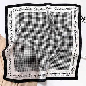 Classic black & white houndstooth silk scarf for women, elegant neckerchief and stylish hair accessory.