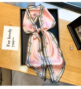 Pink chain print skinny silk scarf for women, elegant long neckerchief and stylish bag ribbon.