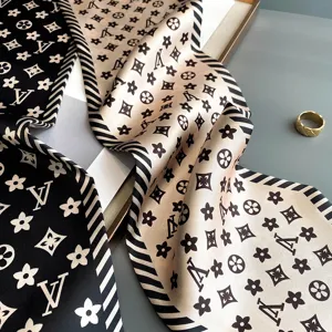 Elegant imitation silk long ribbon scarf with classic monogram pattern for women stylish hair accessory