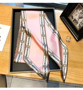 Pink retro chain print skinny silk scarf, elegant long hair band and stylish bag ribbon wrap.