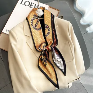 Elegant silk-feel neck scarf with geometric print, stylish multi-use ribbon for women.