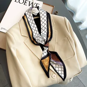 Chic geometric print silk-feeling neck scarf, elegant fashion accessory for women and girls spring.
