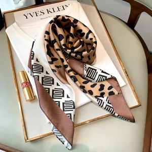 Foulard quadrato in seta con stampa leopardata e geometrica per donna, elegante 70x70cm