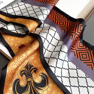 Luxury style faux silk scarf with geometric pattern and elegant black border for women.
