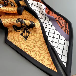Stylish imitation silk scarf with baroque geometric patterns for women's elegant daily wear.