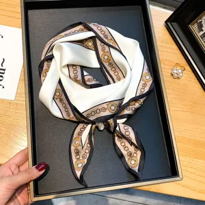 Elegant retro chain pattern narrow silk scarf for women, perfect as neck scarf, hair band or bag accessory.