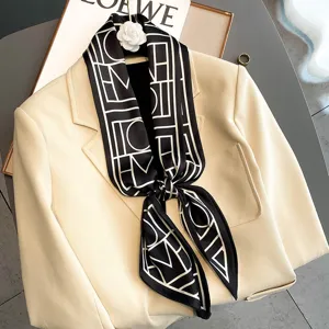 Chic black and white geometric silk ribbon scarf for women, elegant neckerchief and hair band.