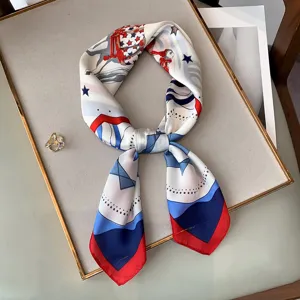 Chic silk feel square scarf with elegant equestrian print, perfect neckerchief for stylish outfits.