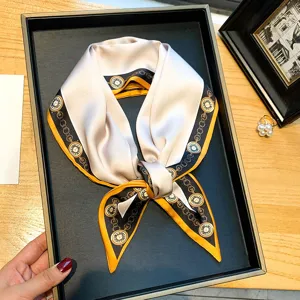 Chic retro silk scarf for women featuring elegant chain and watch print. Perfect for neck wear or bag.