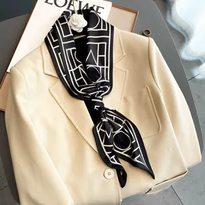 Black and white geometric silk scarf elegant neck ribbon fashion accessory for women spring autumn