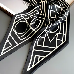Black and white geometric print silk feel skinny scarf stylish neck ribbon hair band.