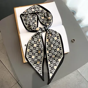 Silk feel fashion skinny scarf letter H print twilly neckerchief handbag ribbon hair band