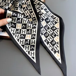 Fashion black white silk twilly scarf with elegant H monogram pattern for women hair ribbon bag.