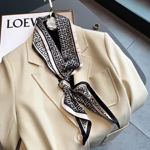 Chic black and white geometric silk scarf multi-purpose ribbon stylish neckerchief for women