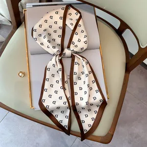 Chic narrow silk scarf for women, elegant letter print twilly for neck, hair and bags.