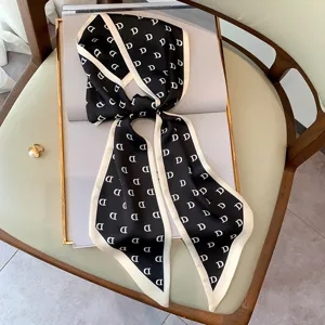 Chic black and white letter printed skinny twilly scarf for women, elegant hair band or neck accessory.