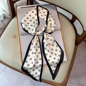 Chic black and white letter print long thin silk scarf, perfect women hair ribbon neckerchief.